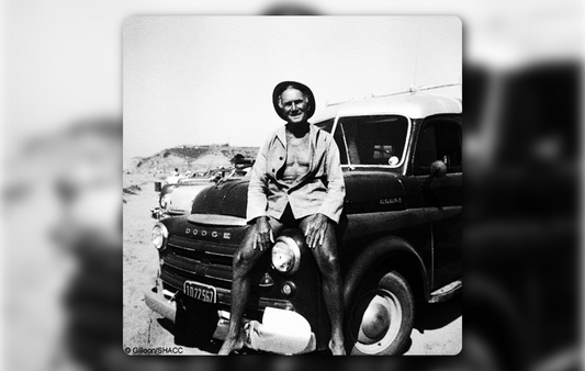 Ed "Pop" Proctor and his Dodge panel truck at Doheny Stat Beach, 1954.